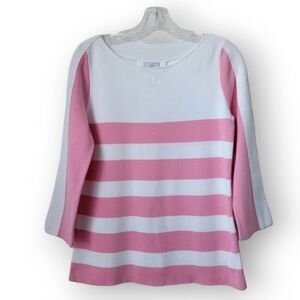 BOGNER Cotton Sweater Pink White Stripes 3/4 Sleeves Back Zipper Detail Size 6